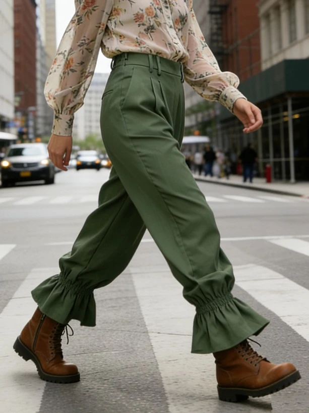 Beautyblue – pantalon taille haute décontracté pour femmes, jambes larges, avec poche, détail plissé, garniture à volants, couleur unie, bas vert