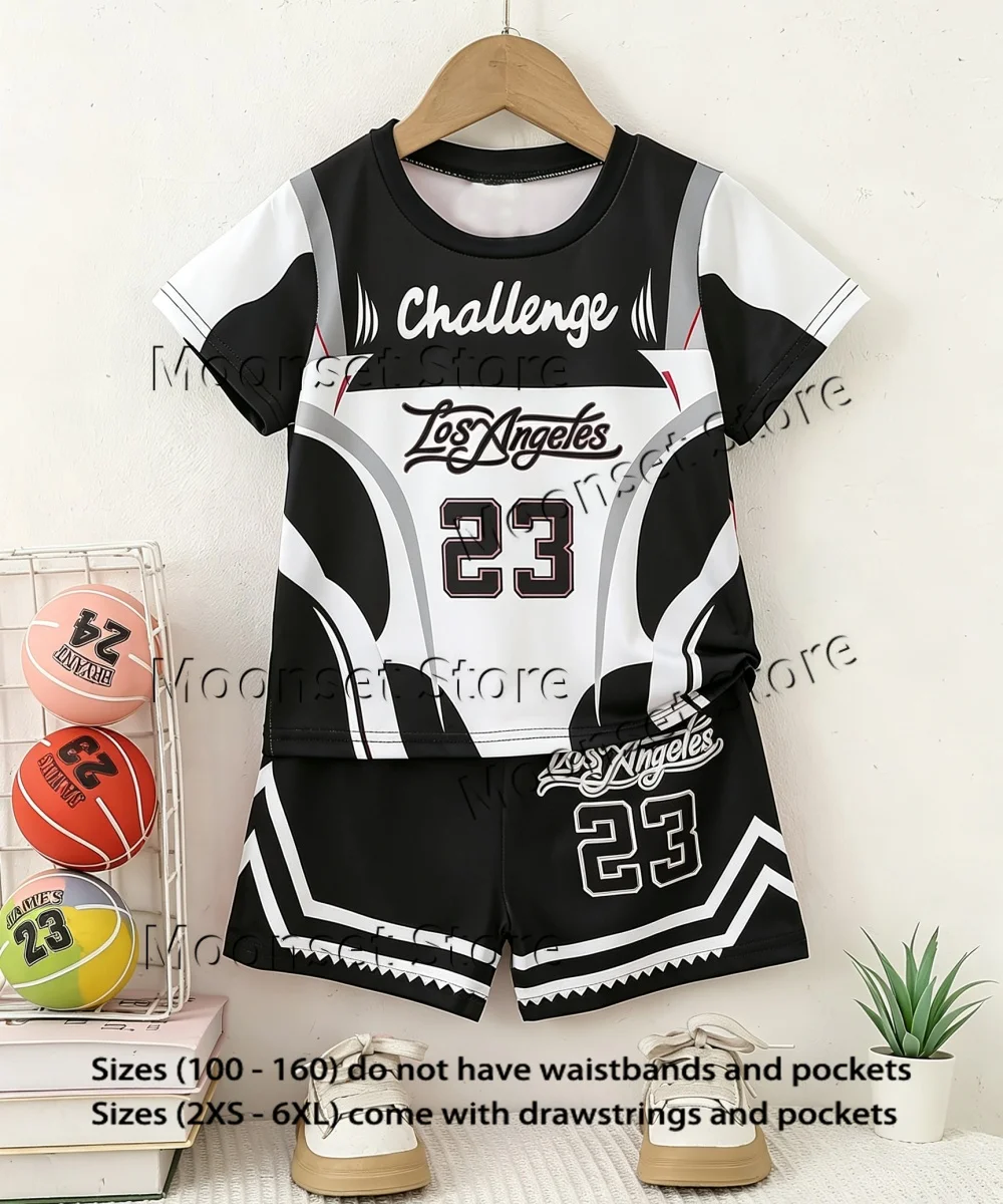Kids Los Angeles 23 Number Sports Jersey Set Pink Black Short Sleeve T-shirt Shorts 2Pcs Outfit Adult Football Training Uniform