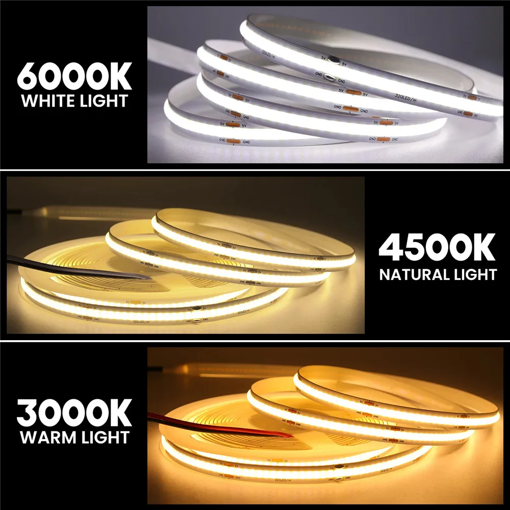 

DC5V USB 5m 12V COB Led Light LED Strip Light 320 LEDs High Density Flexible COB RA90 Warm Nature Cool White Linear LED Light
