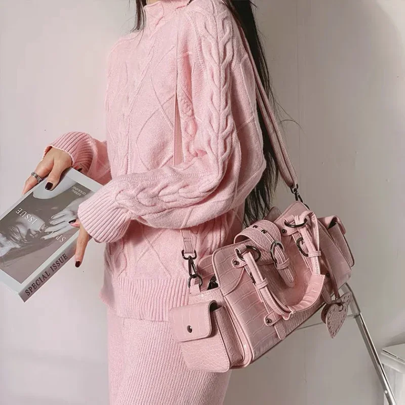 JBTP Vintage Biker Shoulder Bag Y2k Hippie American Street Style Heart Rivets Pink Handbag New Advanced Leather Designer Bags