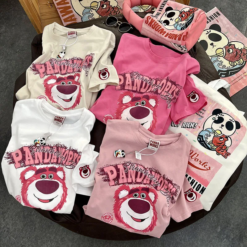 Disney M-4XL Embroidery Lotso Kawaii Graphic Tees Children Summer Short Sleeve Kid\'s Oversize T-shirt Cotton Pink Y2k Streetwear