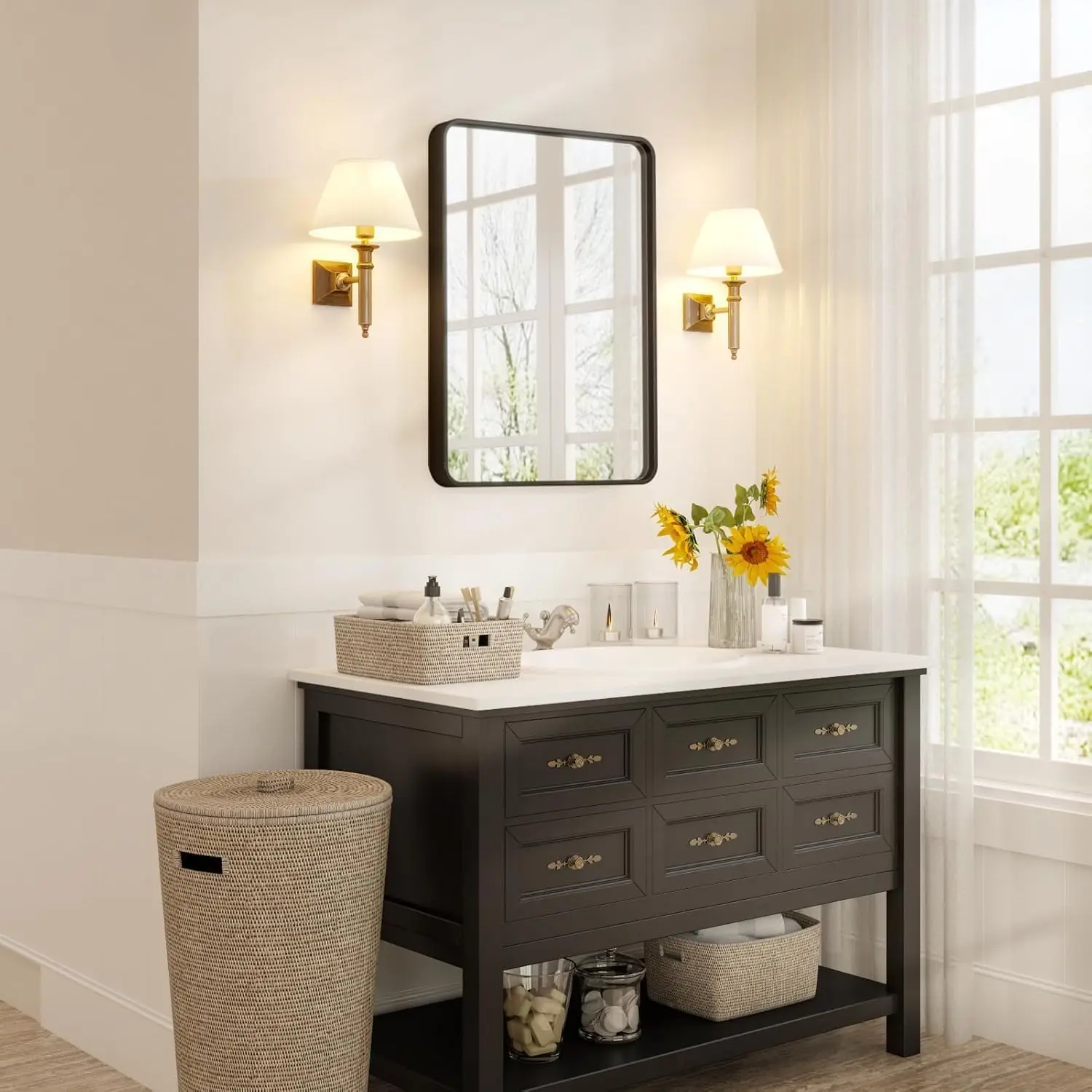

24X32 inch Wall Mounted Bathroom Vintage Mirror Black Metal Frame Rounded Rectangle Mirror with Tempered Glass for Washroom