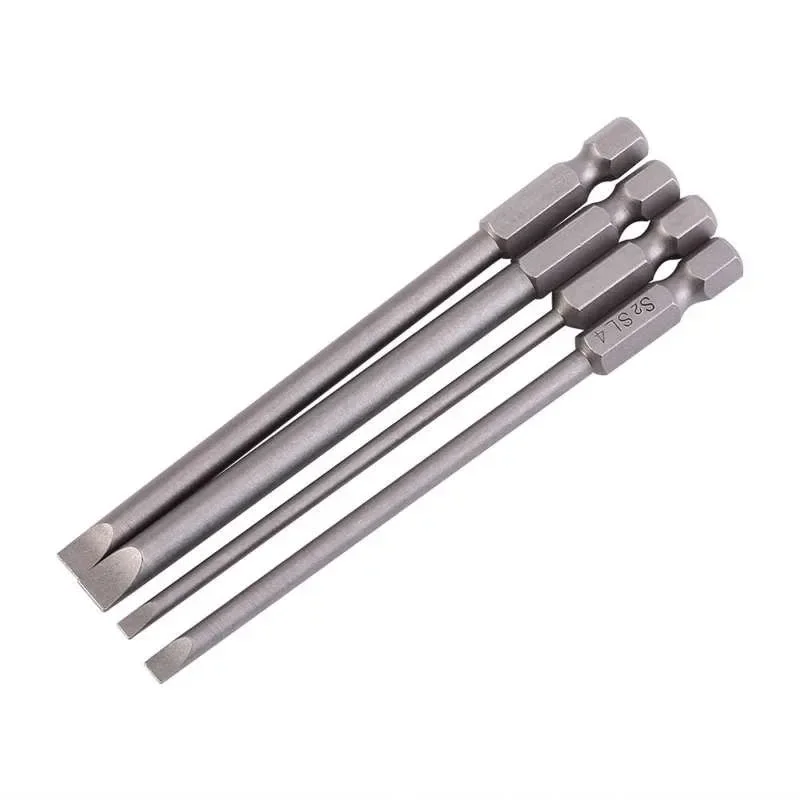 Broca de destornillador ranurado, 4 piezas, 100mm, 3mm-6mm, cabeza plana magnética, vástago hexagonal de 1/4 pulgadas, accesorios para herramientas de reparación manual