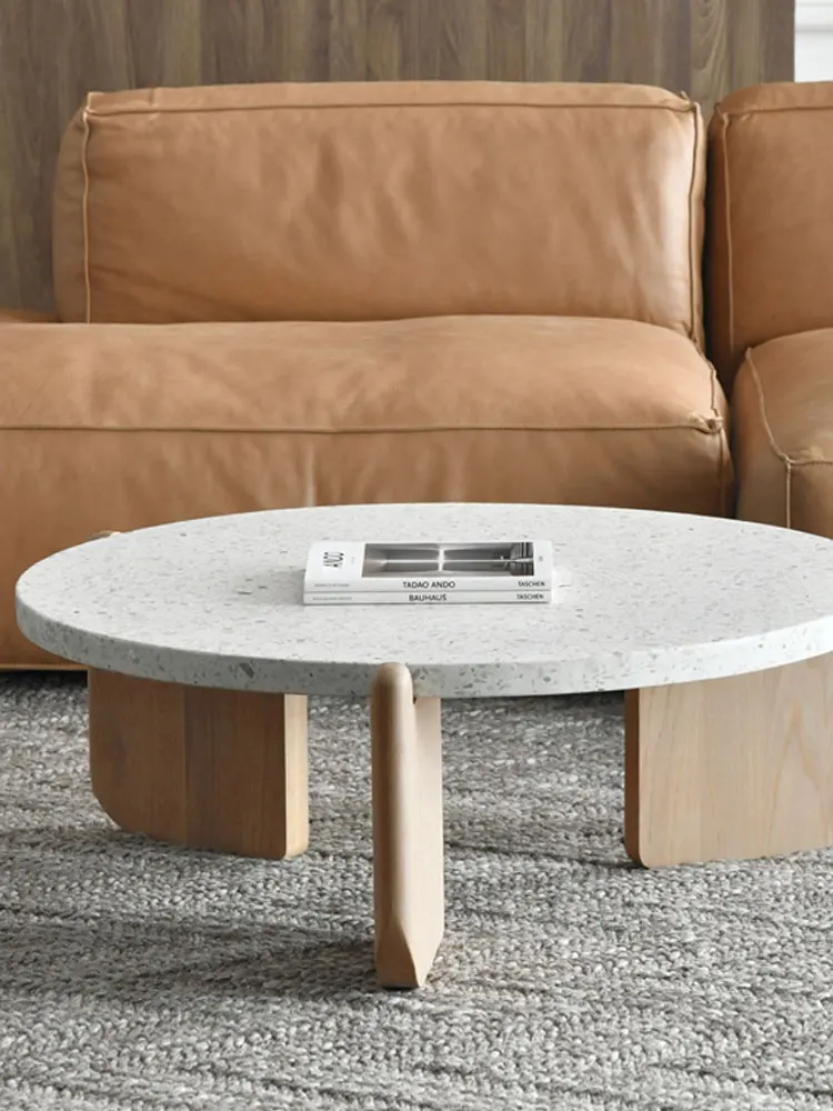 Nordic terrazzo small unit tea table circular solid wood tea table living room