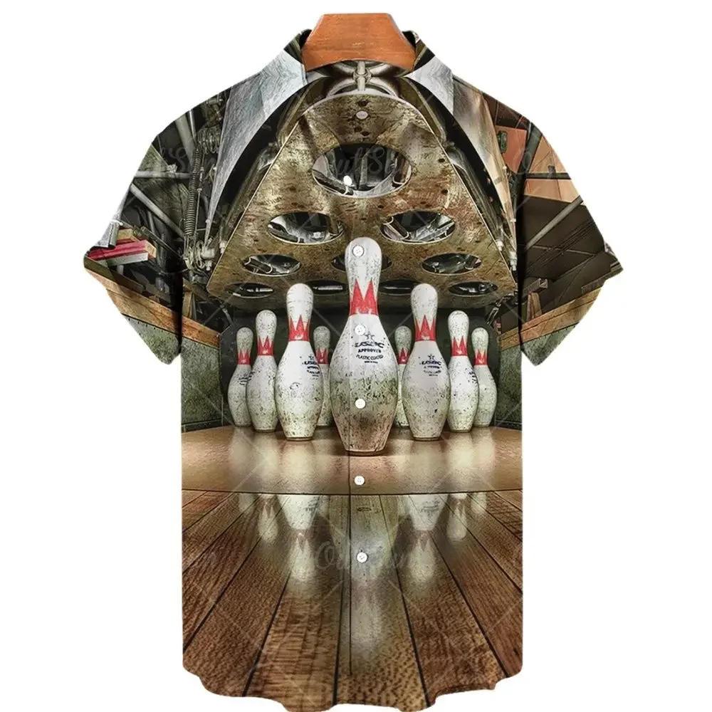 

2024 Sports Cool Bowling 3D Printed Men's Shirt Trend Hawaiian Shirt Men's Retro Short Sleeve Lapel Tops Casual Street Style