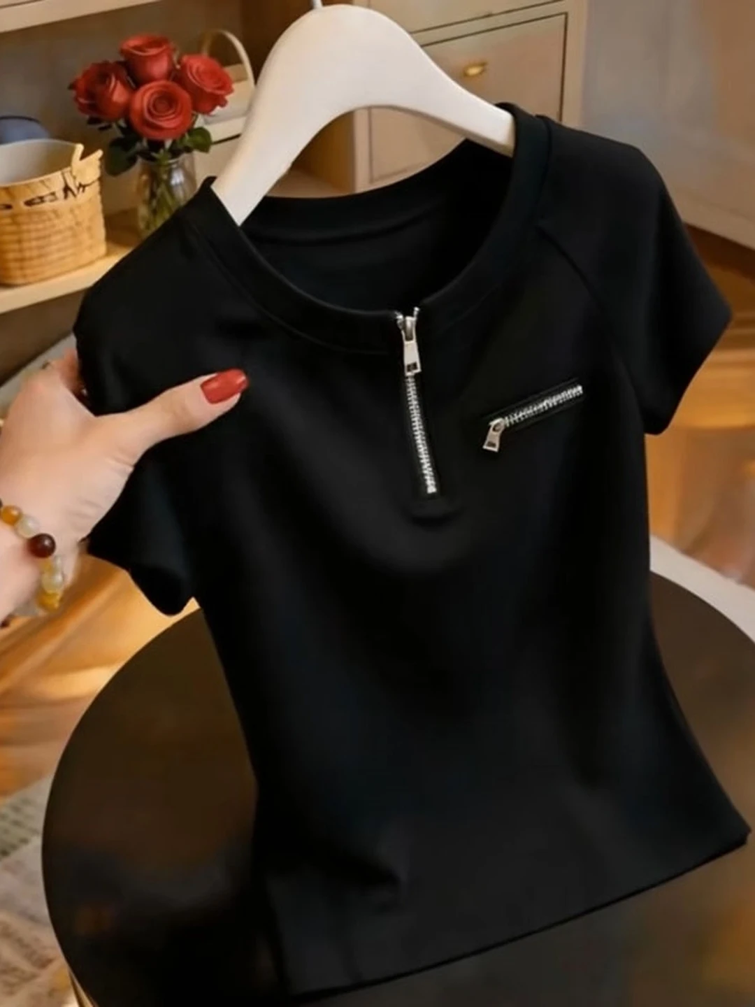 Slimming Short Sleeve Zipper round Neck T-Shirt Women's plus Size Commute Style Summer New Arrival Versatile Top for Plump MM