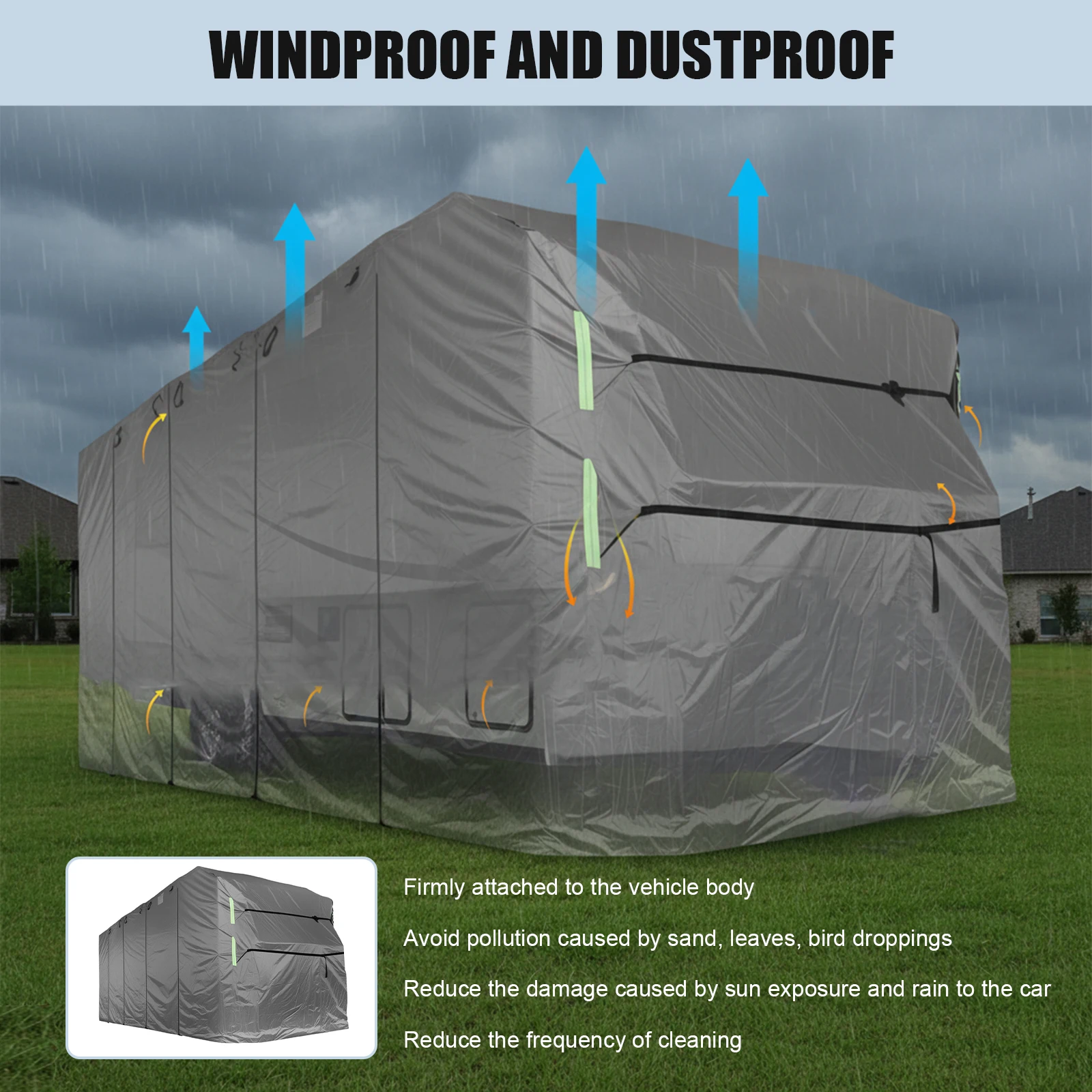 

420D Oxford Fabric Travel Trailer RV Cover Gutter Spout Covers Rip-Stop Camper Cover W/ Tire & Jack Covers Anti-UV Trailer Cover