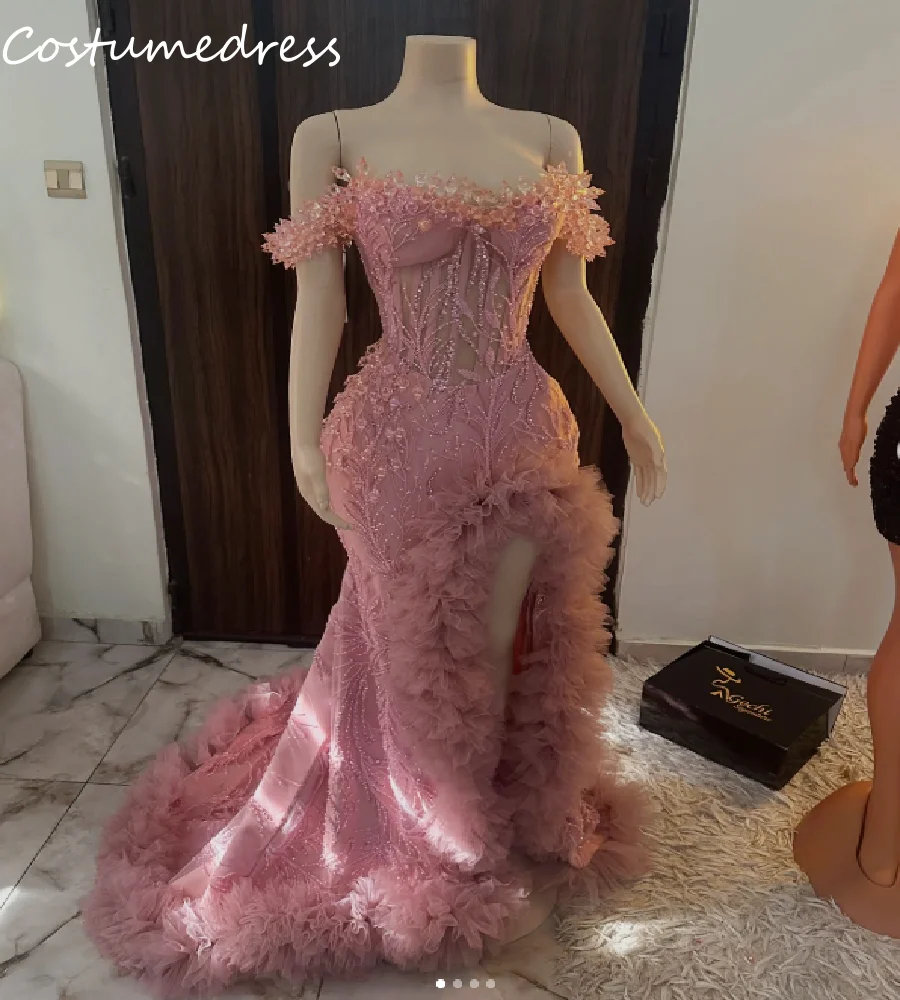 

Dusty Pink Mermaid Prom Dress With Diamond Rhinestone Black Girls Luxury Ruffles Evening Gown Off Shoulder 3D Flower Formal Wear