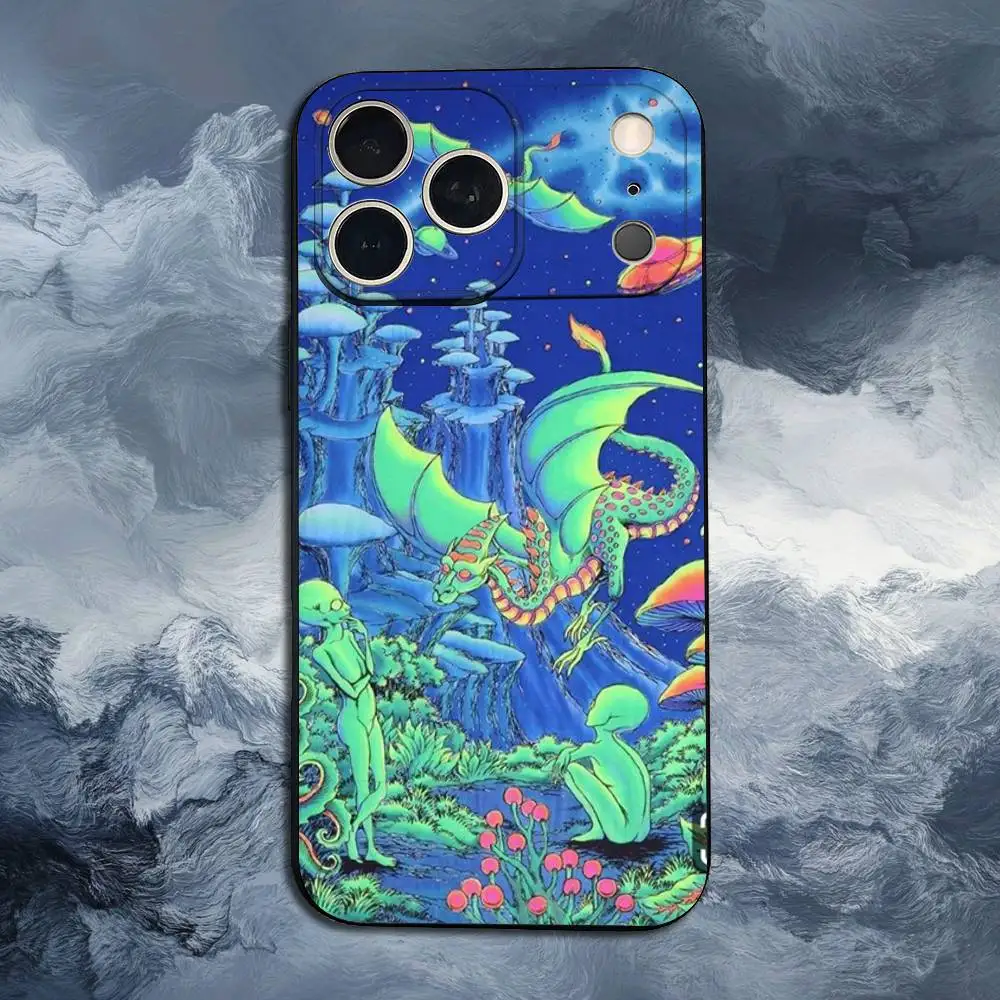 Cogumelo trippy de planta estranho para iPhone 8,7,11,12,15,14,13,16,17,Plus,Pro Max, XS, X, XR, SE, Mini, capa preta de silicone macio