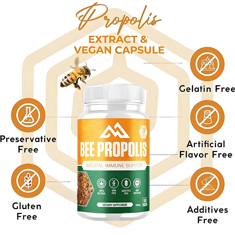 Propolis Extract Capsules, Natural Immune Enhancer, Non GMO Gluten Free 500mg, 60 Vegetarian Capsules, Contains Bean Powder