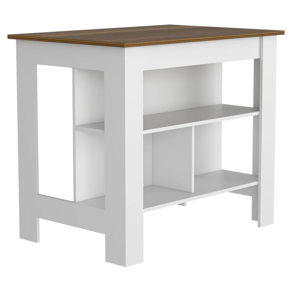 Kitchen Island Kitchen Table 35" H Four Legs Three Open Storage Shelves White / Walnut