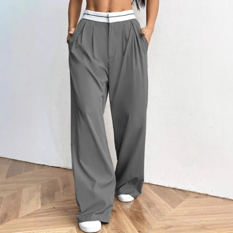 Women's Solid Contrast Waistband Pleated High Waist Pocket Loose Wide Leg Floor Length Comfortable Casual Trendy Daily Trousers