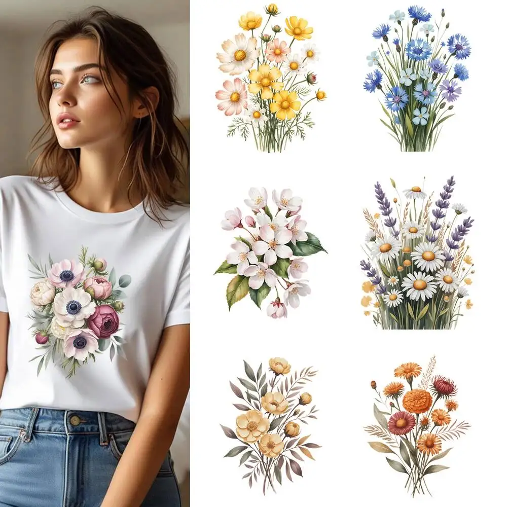 25CM Watercolor Daisy Flowers Wildflower Heat Transfer Patches For Clothes DIY A-Level Washable Shirt Iron-on Thermal Stickers