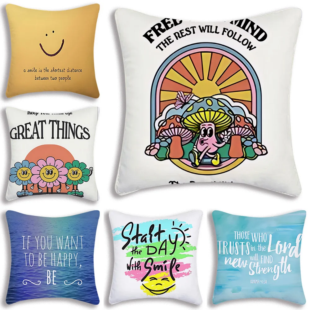 Cartoon Smile Inspirational Quote Pillow Covers Sofa Decorative Home Double-sided Printing Short Plush Cute Cushion Cover