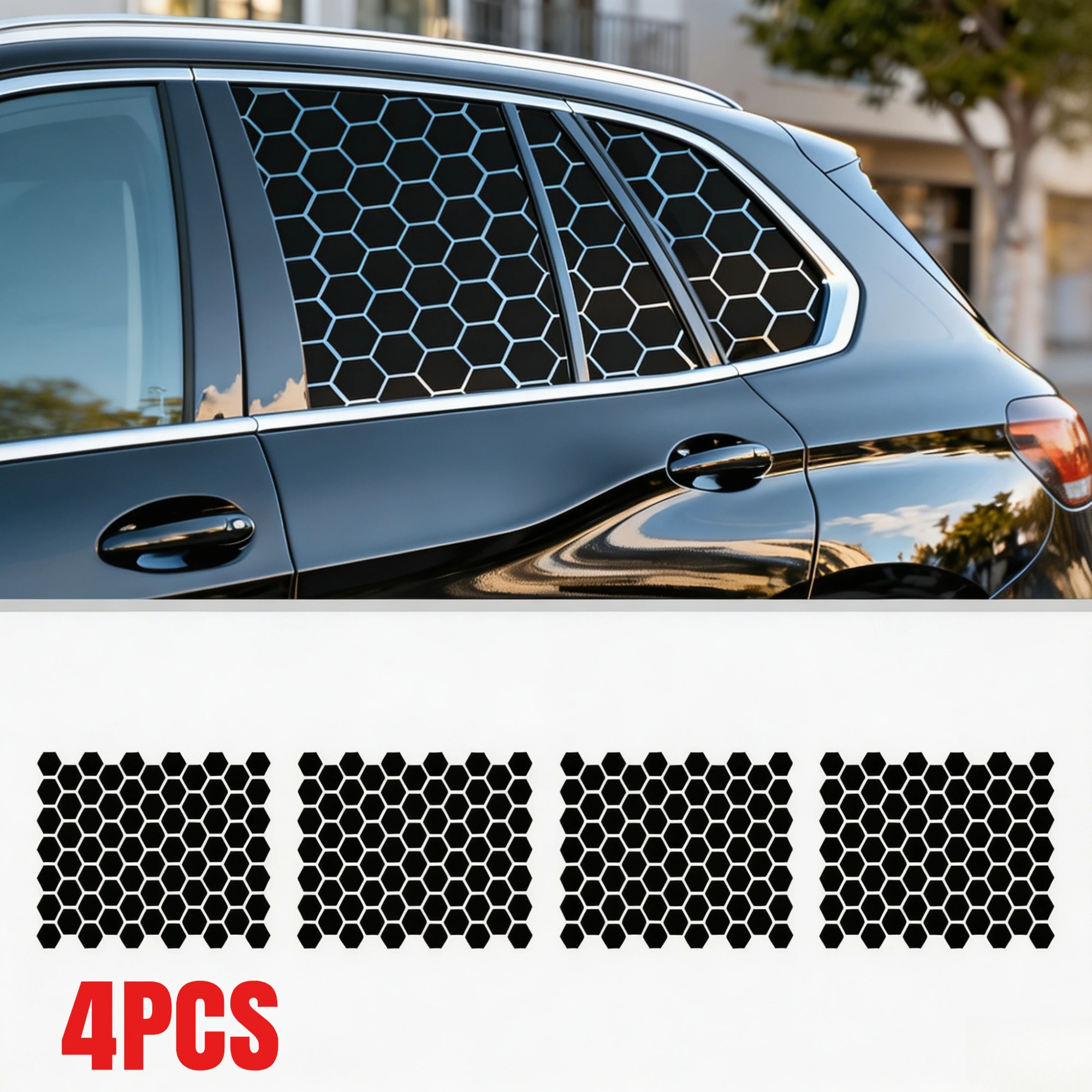 4PCS Universal Car Window Self‑Adhesive Hexagonal Honeycomb Vinyl Stickers for Truck Suv Side Windows Waterproof Sun‑Resistant