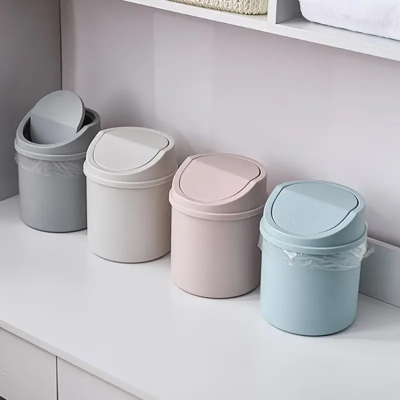 1pc Mini Desktop Trash Can With Swing Lid, Compact Plastic Garbage Bin For Bedroom, Workspace, Office, Space Saving Waste Basket