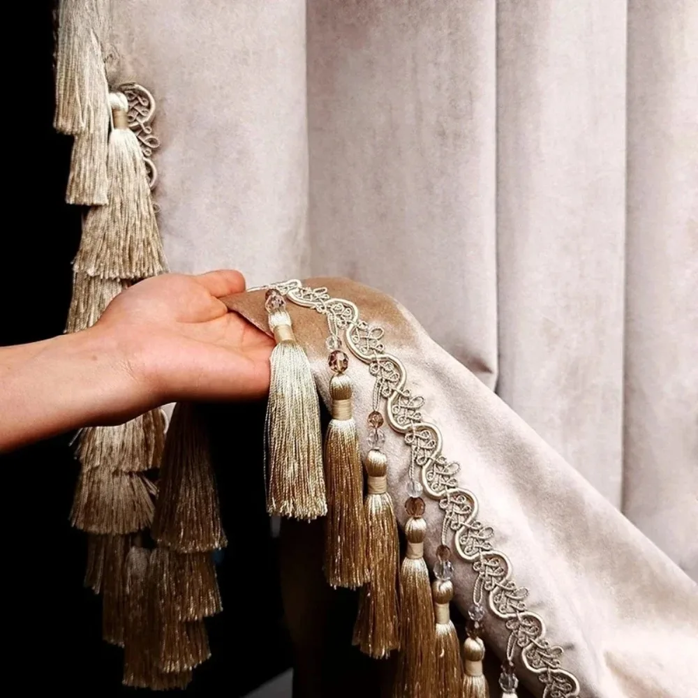 Milk Tea Color French Luxury High-end Velvet Curtains European Blackout Solid Color Curtains For Living Room Bedroom Custom Size