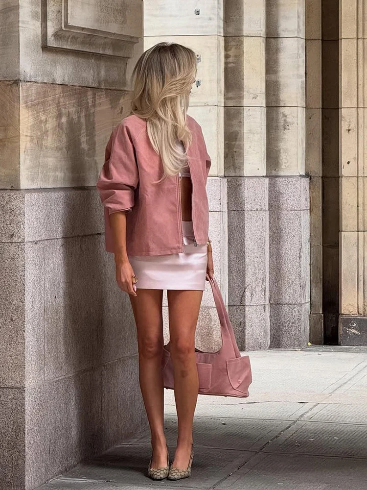 

Casual Pink Zipper Suede Jacket Women Fashion Stand Neck Full Sleeve Pockets Cropped Coats Autumn Lady High Street Daily Outwear