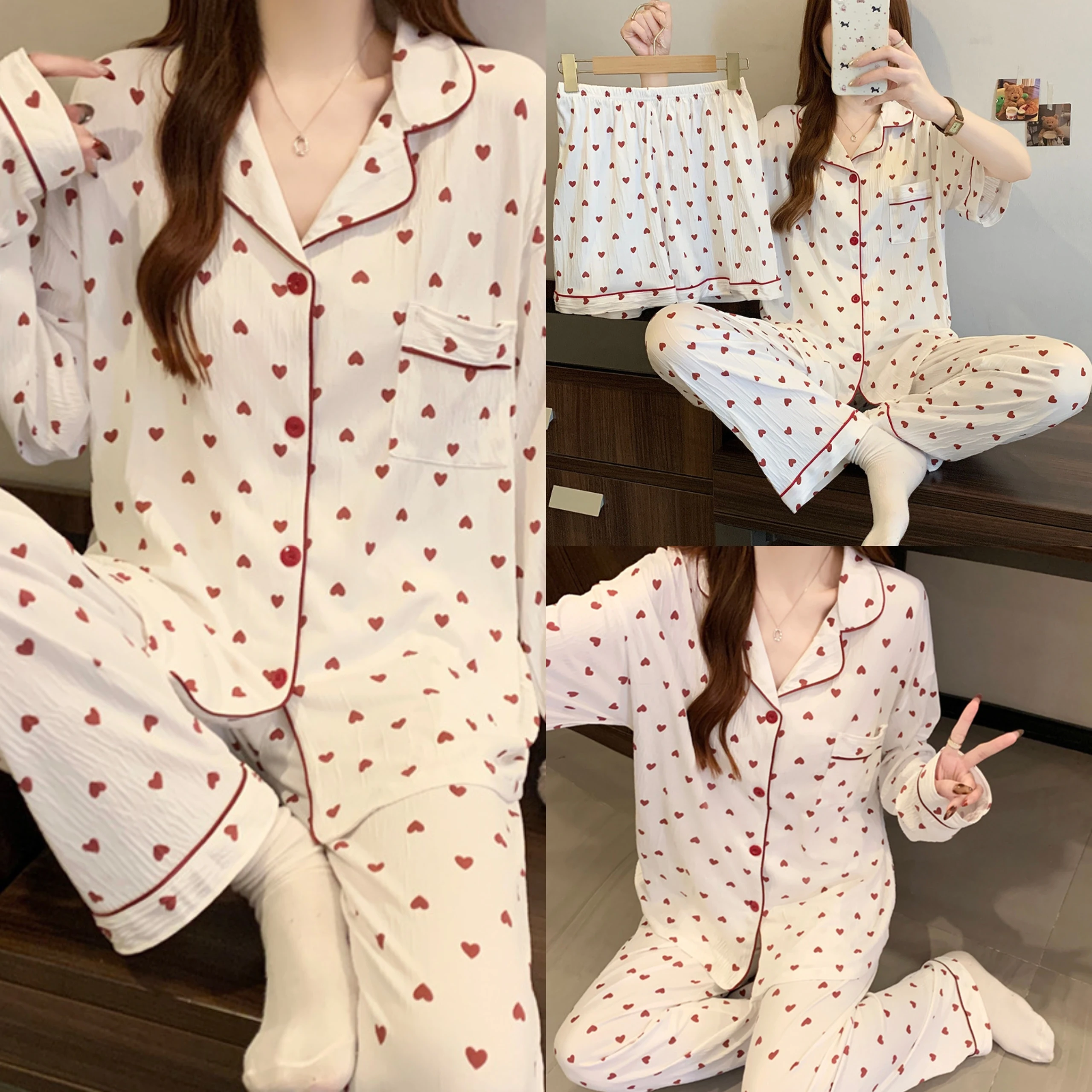 الحلو الكورية نمط القلب طباعة عادية بيجامة مقاومة للتجاعيد للنساء الربيع/الصيف قصيرة الأكمام ثلاث قطع Homewear مجموعة