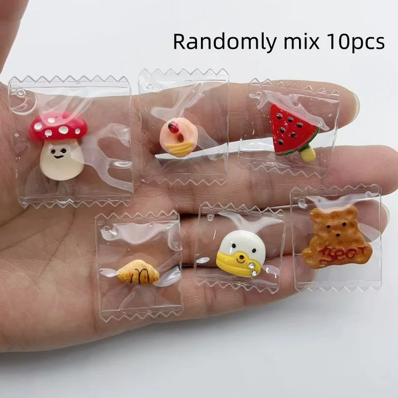 10Pcs Vacuum Bag Pack Mini Resin Charms Cute Cartoon Mushroom Bear Watermelon Donut Duck Croissant Small Pendants For DIY Earrin