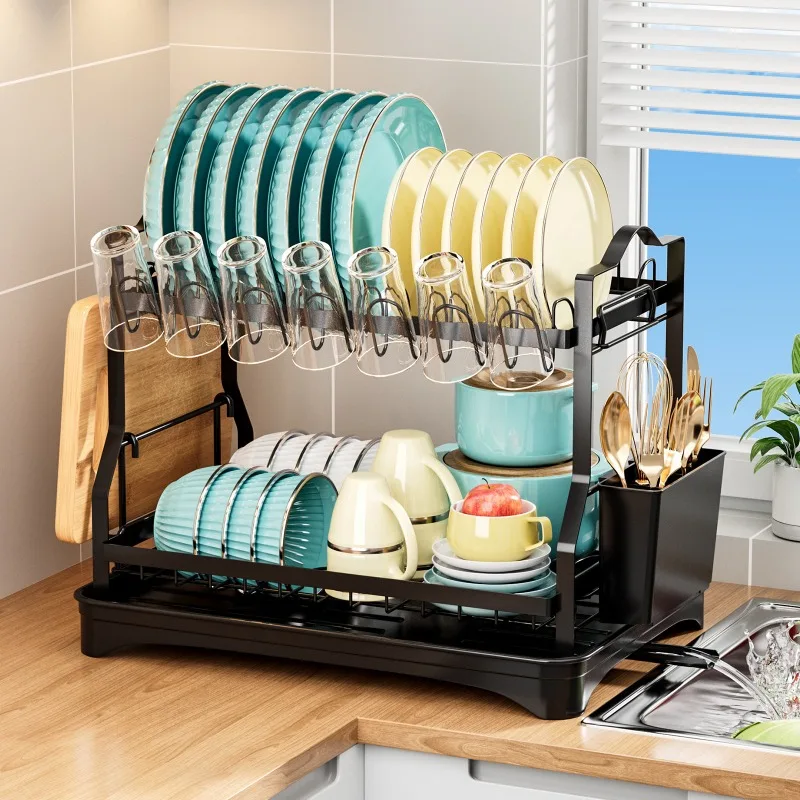 

Factory Price Wholesale Custom 2 Tier Large Dish Drying Rack for Kitchen Counter with Drainboard Dish Drainer for Dish&Cup