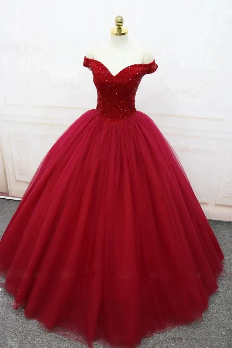 

Burgundy Ball Gown Quinceanera Dresses 15 Party Sexy Off-Shoulder Sparkly Beading Tulle Formal Cinderella Birthday Gowns