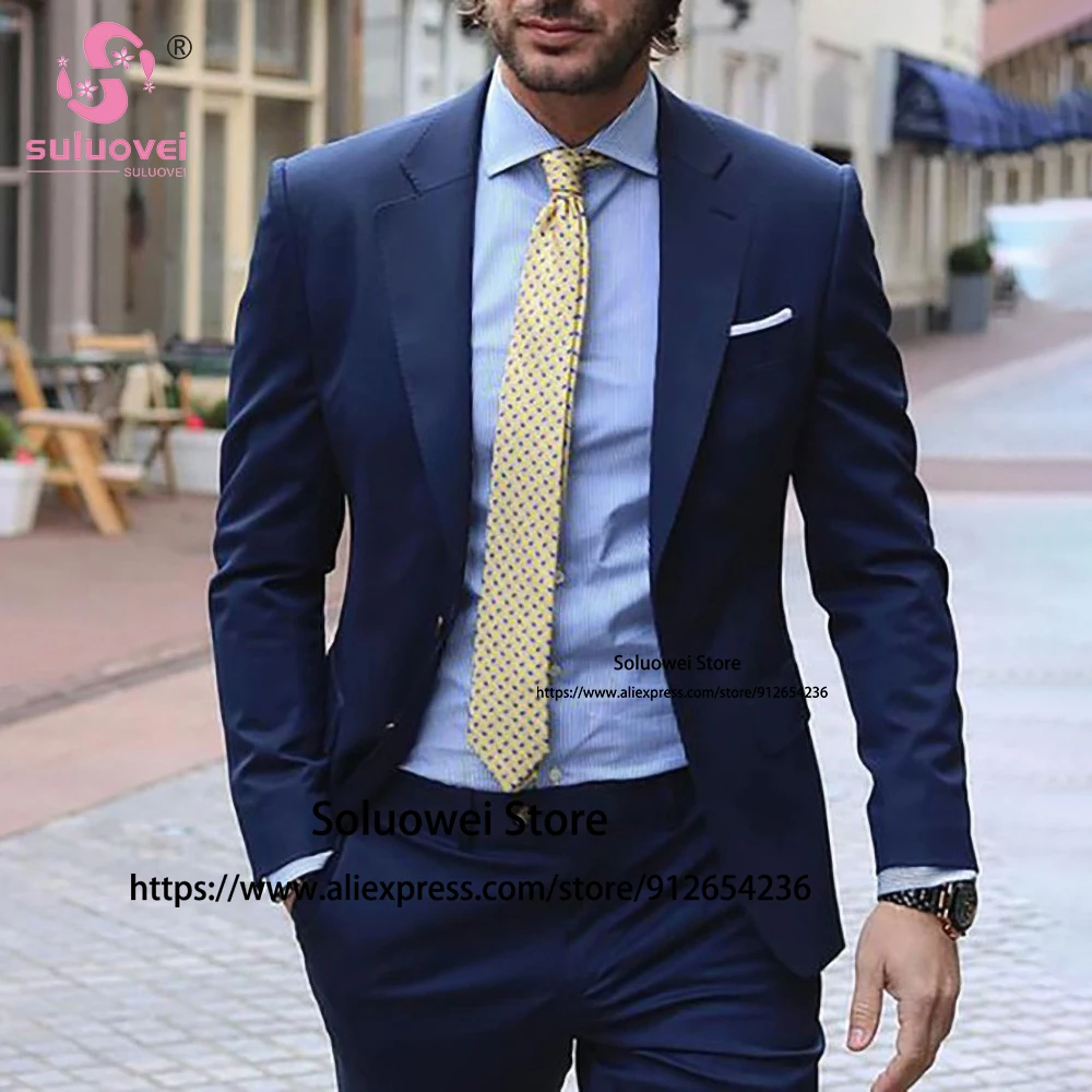 

Fashion Navy Blue Suits For Men Slim Fit 2 Piece Pants Set Formal Groom Wedding Prom Tuxedos Blazer Trajes Elegante Para Hombres