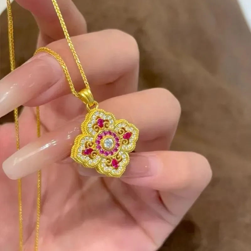 Vintage Luxury Hollow 4 Leaves Clover Flower Red Ruby Gemstones Pendant Necklaces for Women 18K Gold Filled Silver 925 Gifts view 3