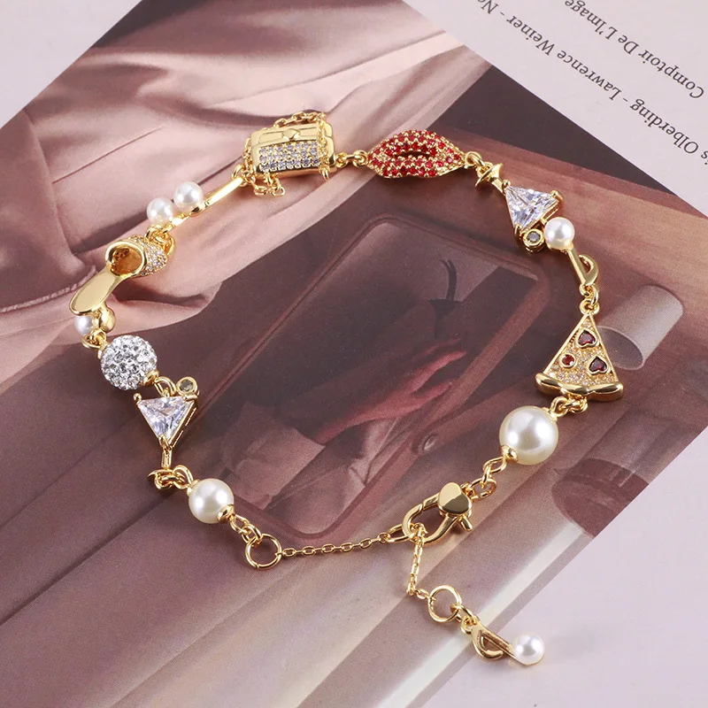 

European and American Fashion Trends, Personalized Flash Diamonds, Red Lips, Cute Bags, Cocktail Glasses, Pizza Pearl Bracelets