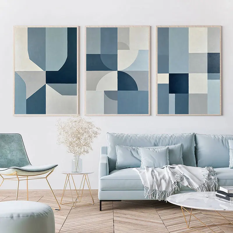 Abstract Blue and Grey Color Block Canvas Poster Prints Geometric Pattern Wall Decorative Picture Simple Home Art Decor