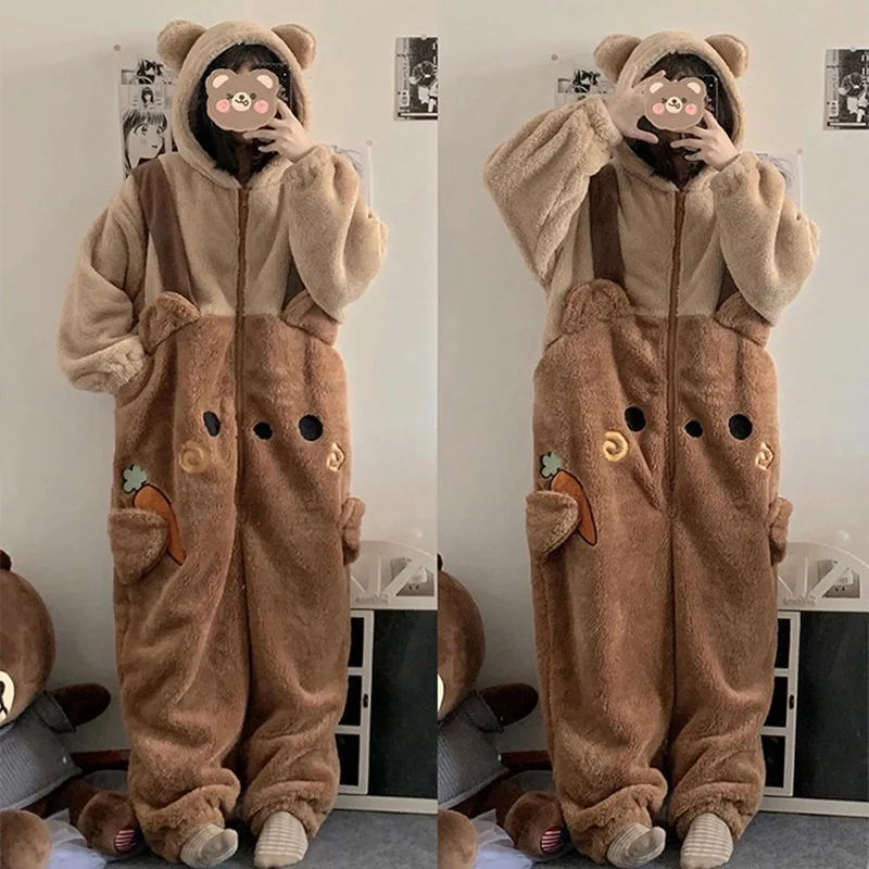 Women Flannel Cartoon Kigurumi Bear Pajamas Hooded Onesie Winter Adults Animal Halloween Christmas Cosplay Sleepwear Jumpsuits