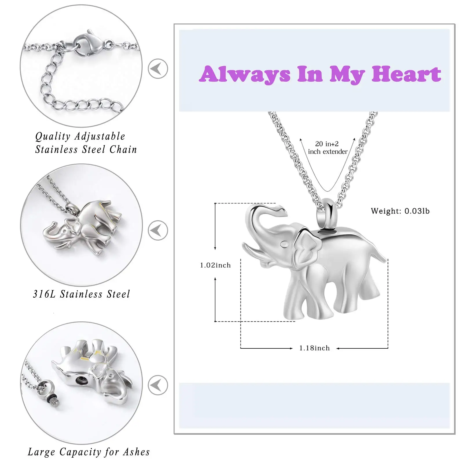 مجوهرات جنائزية لرماد الفيل شكل جرة قلادة الفولاذ المقاوم للصدأ تذكار رماد تذكاري قلادة قلادة للنساء الرجال