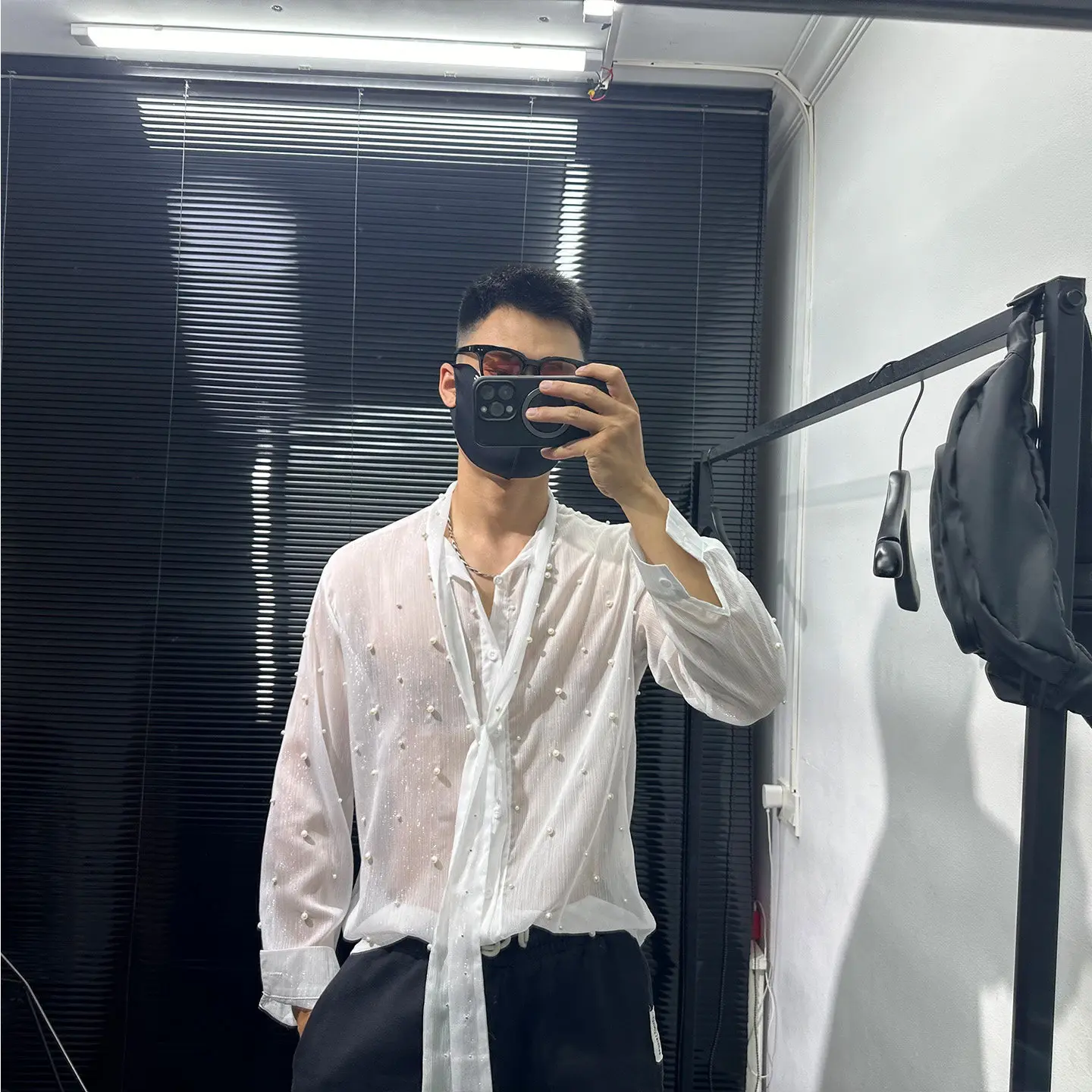 Pu Shuai Hollow-out Heavy Industry Beads Design Long-Sleeved Shirt Men's Summer Avant-Garde Loose Leisure All-Matching