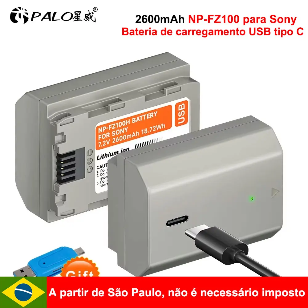 Bateria PALO 2600mAh NP-FZ100 Bateria FZ100 com entrada 5V 2A Tipo C para câmeras Sony a7iii, a7R iii, A7 m4, Alpha A9, A9R, A66