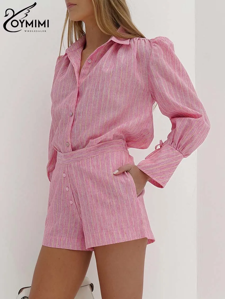 Oymimi Fashion Pink Print Women 2 Piece Set Outfit Elegant Lapel Long Sleeve Button Shirts And High Waist Shorts Sets Streetwear