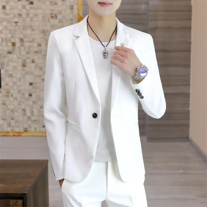 

Men's Casual Slim Fit Korean Sle Two Piece Suit Spring Autumn White Trendy Top And Bot Ensemble Polyester Fiber