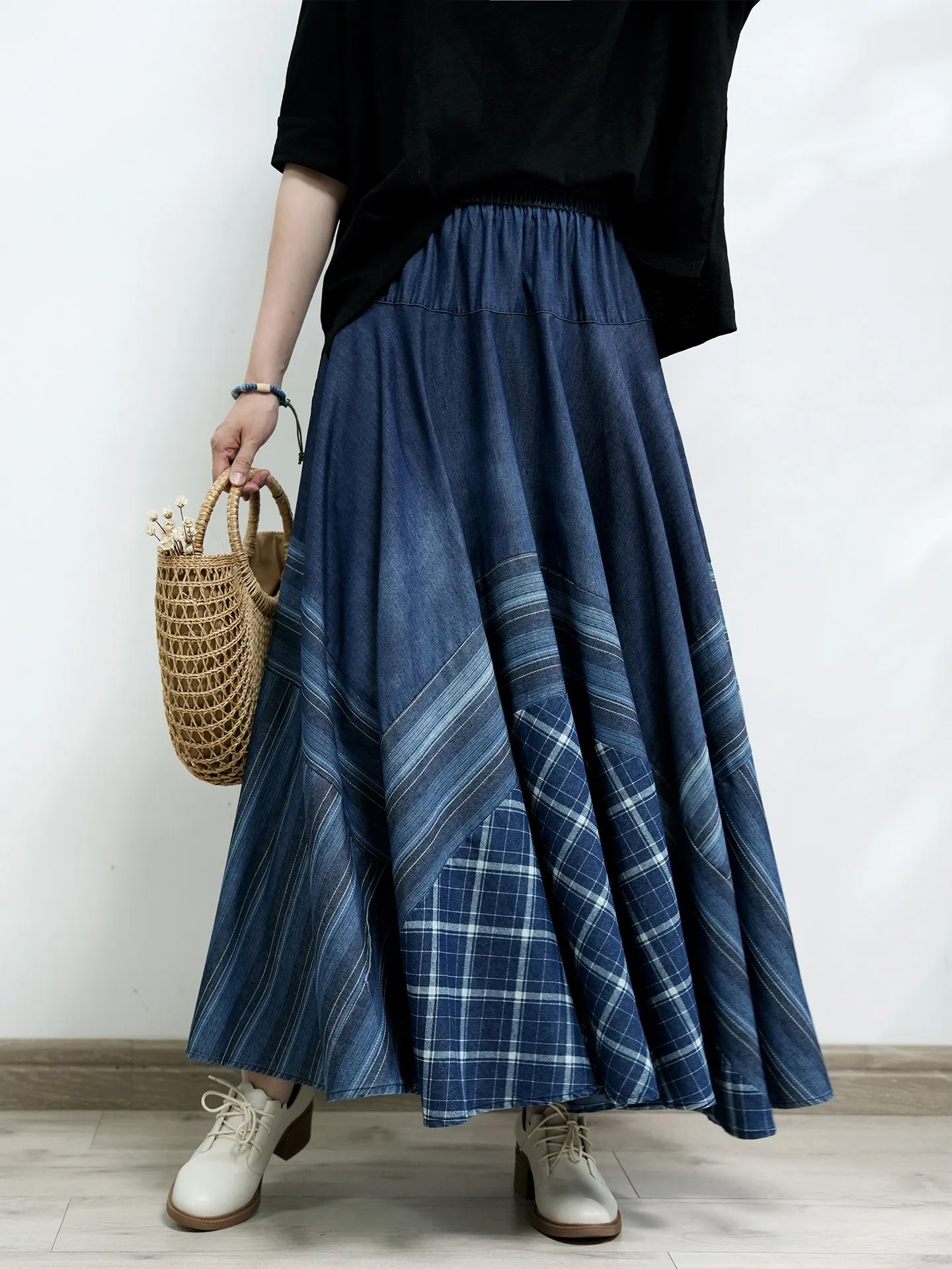 TIYIHAILEY Denim Maxi Skirt Spring Summer Casual A-Line Long Elastic Waist Plaid Big Hem Blue Jean 2026 New Blue