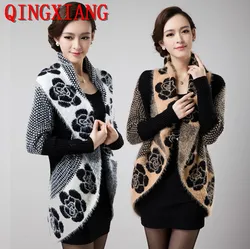 Back Long Knitted Shawl Street Wear Jacquard Floral Sweater Fashion Women Velvet Fur Turn Down Collar Thick Cardigans Knitwear