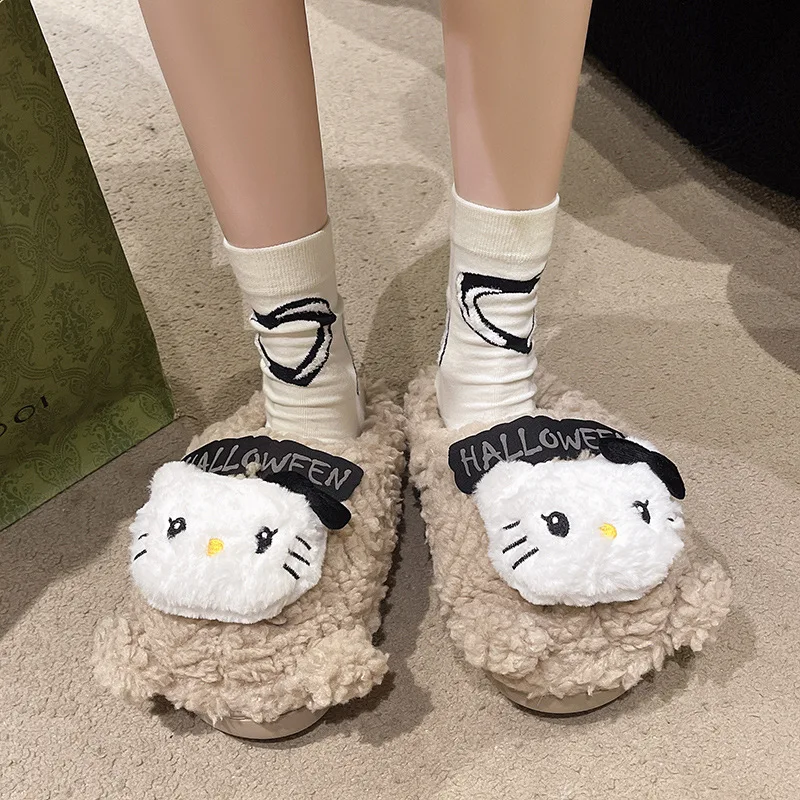 Hello Kittle Sweet and Cool Girl Style Hairy Slippers for Women Autumn/winter New Fashionable Warm Student Cotton Tow Girl Gift