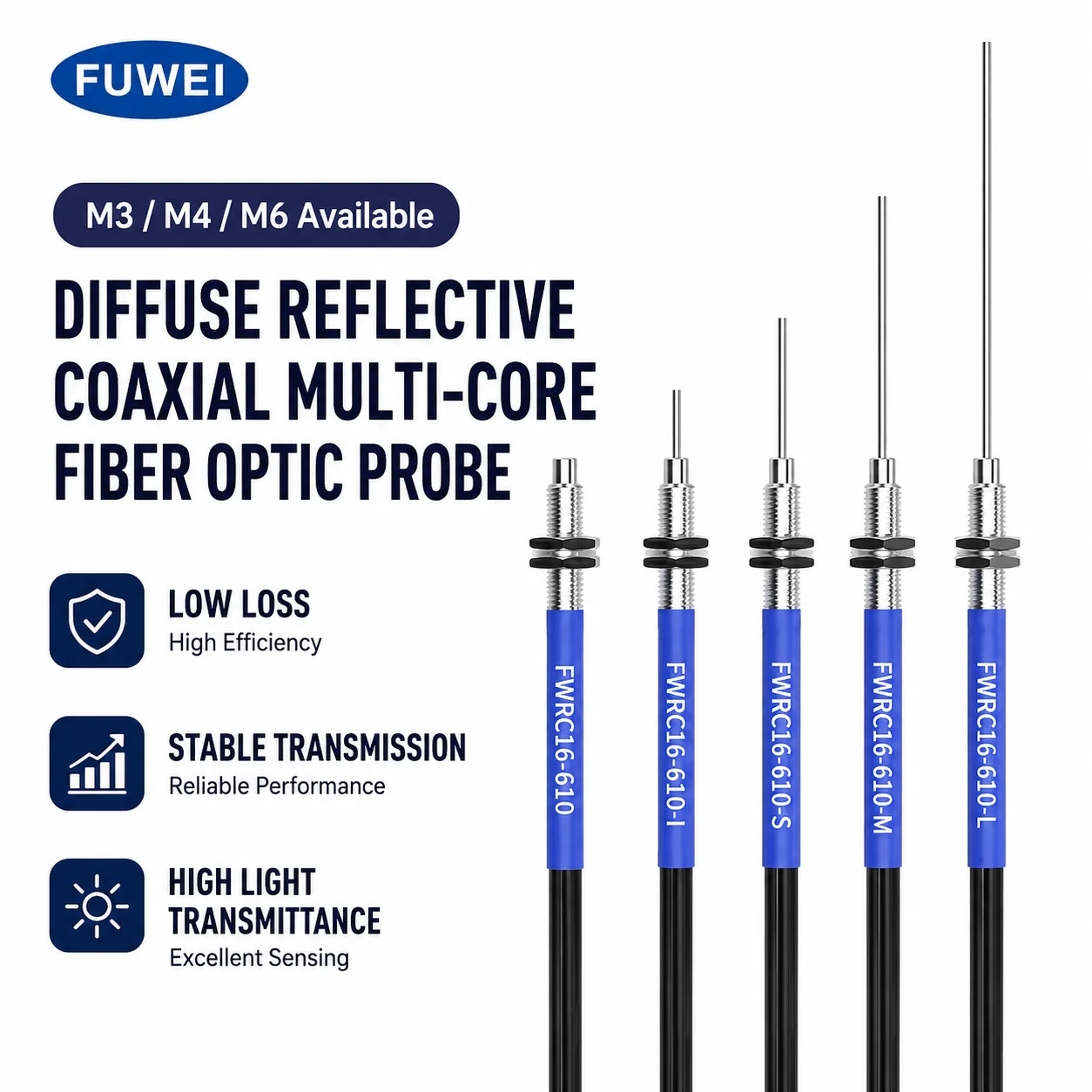 FUWEI FWRC16-610 R10 M6 80mm Coaxial Bending Resistant Optical Fiber Sensor Diffuse Type for Enhanced Precision in Measurement