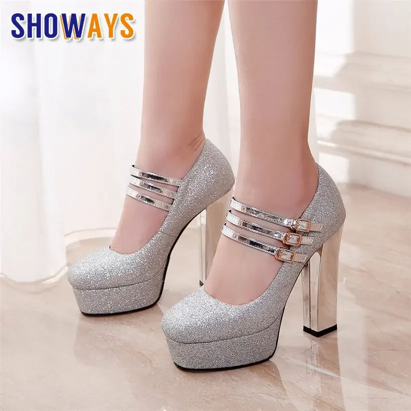 Silver Gold Bling Wedding Party High Block Heel Women Platform Pumps Red Sequined Cloth Round Toe Bridal Office Ladies Mary Jane