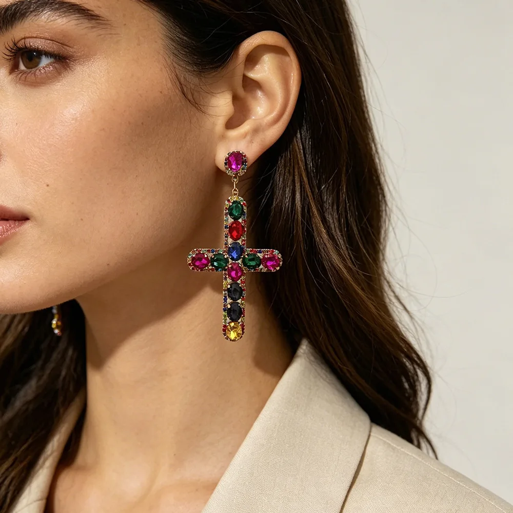 Heavy Industry Color Diamond Cross Earrings Women's Exaggerated Long Full Diamond Contrast Color Stud Earrings Party Catwalk Ear