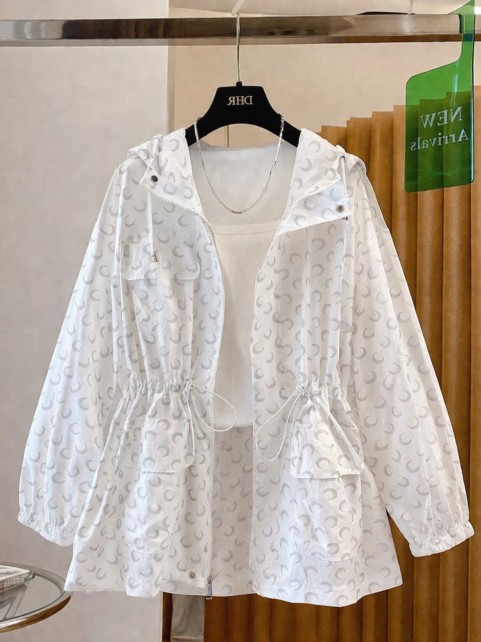 Loose Casual Moon Print Mid-Length Women's Sun Protection Shirt Open Cardigan Spring Summer Fashion Outerwear Cotton 