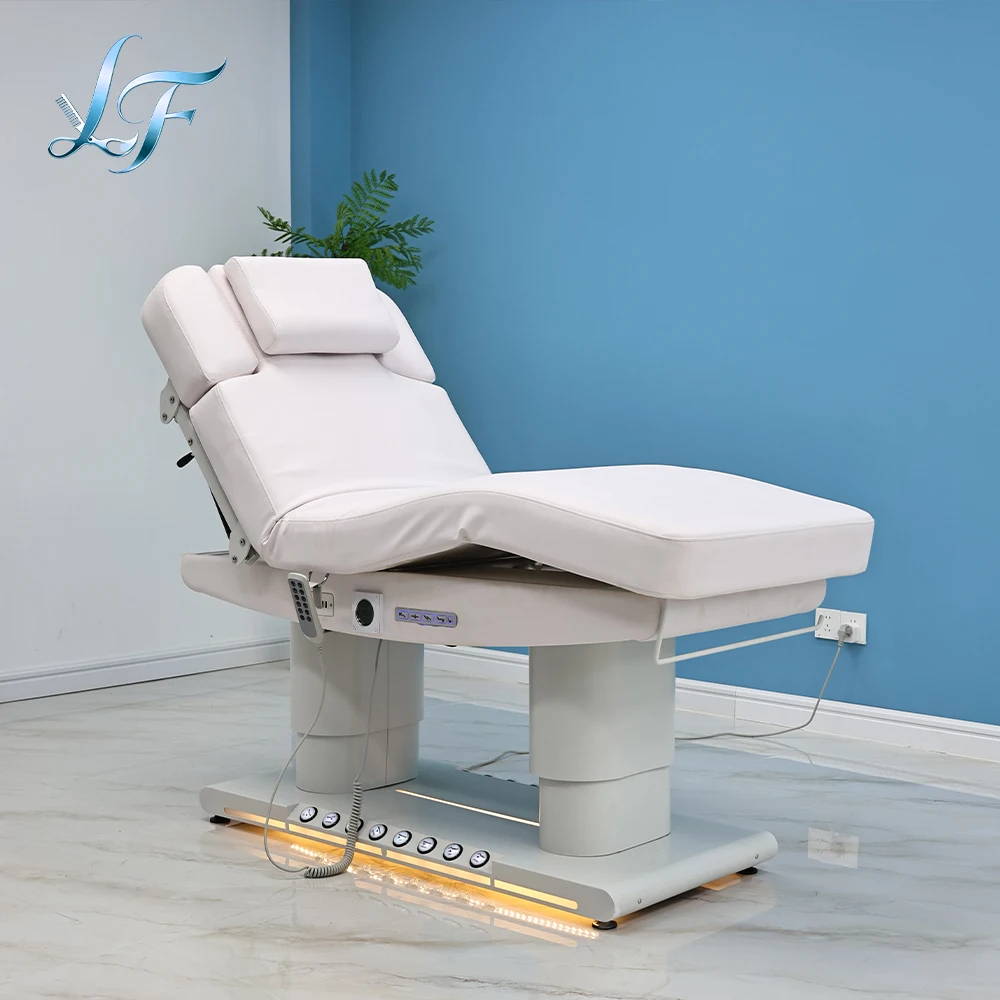 Electric 4 Motor Massage Beauty Bed Heating LED Light Foot Pedal Hand Control Custom Leather Color Salon Facial Bed