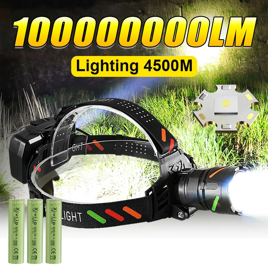 100000000LM Headlamps LED Rechargeable Powerful Headlight Fishing Lantern Zoomable Work Light Outdoor Camping Head Flashlight
