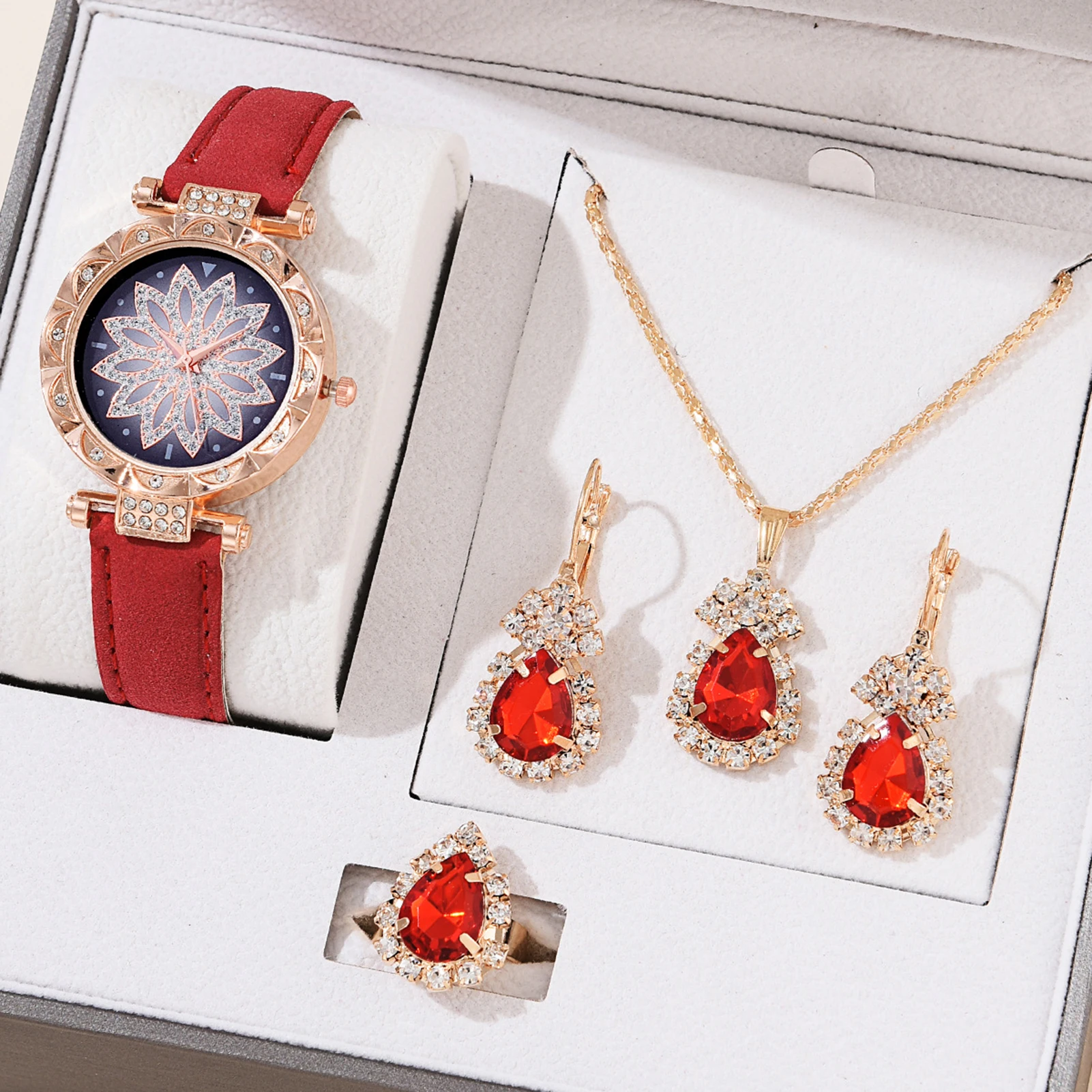 Luxury Jewelry Set Women Quartz Watch Elegant Bracelet Ring Necklace Earrings Kit for Party Gift Durable Lightweight