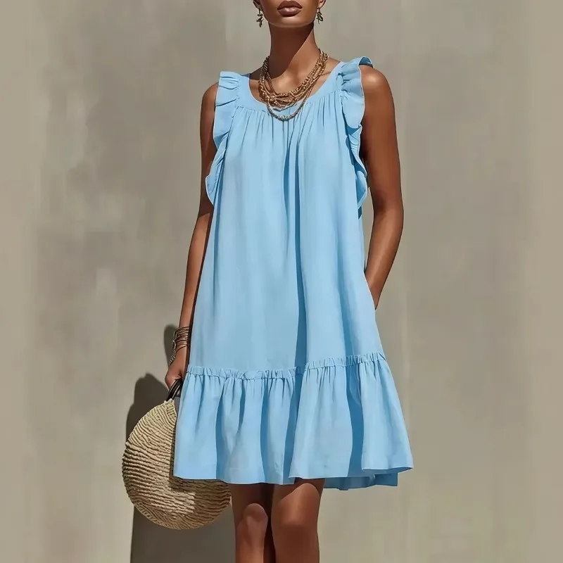Ruffled Casual Loose Round Neck Sleeveless Midi Dress Women EU US Gown