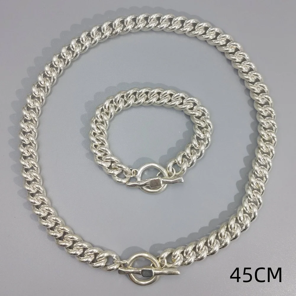 2026 Spring Simple and Cold Style Silver Cuban Chain Bracelet Necklace Jewelry Set, Creative Gift for Friends