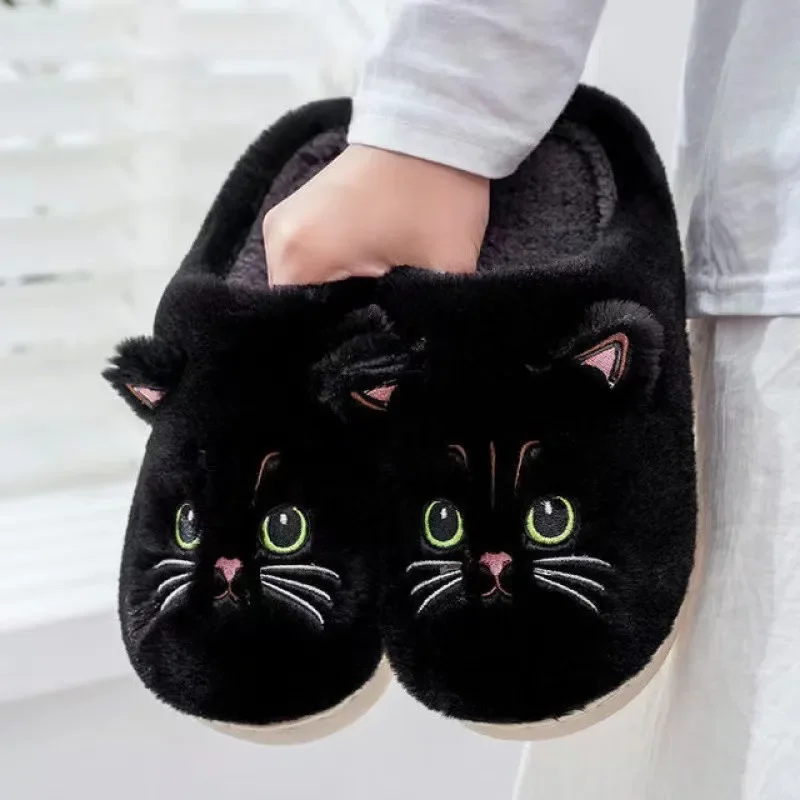 

Winter Cotton Shoes Couple 2025 Plus Size Cute Cartoon Cat Flat Indoor Home Women's Slippers Soft Sole Warm Plush Man Slippers