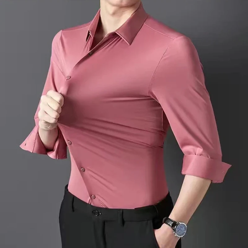 High Elasticity Seamless Men\'s Shirts Long Sleeve Top Quality Slim Casual Luxury Shirt Social Formal Dress Shirt Plus Size S-5XL